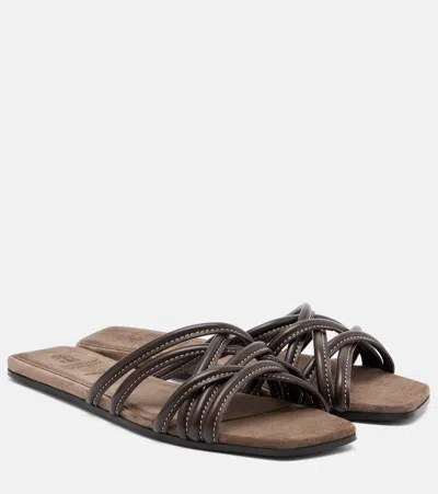 Brunello Cucinelli Women Flat Leather Sandals With Criss-cross Straps In Gray