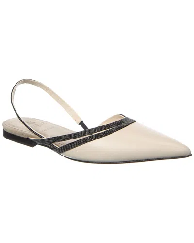 Brunello Cucinelli Bead-embellished Leather Slingback Point-toe Flats In Ivory
