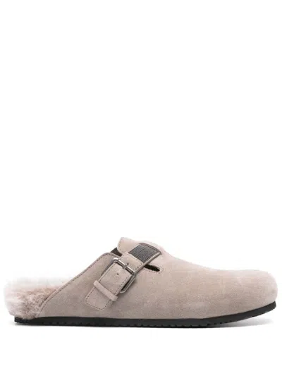 Brunello Cucinelli Chic Suede Leather Slippers With Monili Chain In Grey