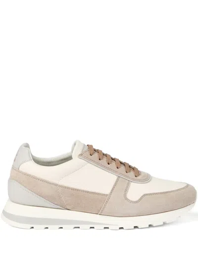 Brunello Cucinelli Olimpo Suede-trimmed Full-grain Leather Sneakers In Neutral