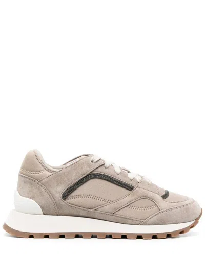 Brunello Cucinelli Leather Sneakers With Suede Accents And Comfortable Fit In Neutrals