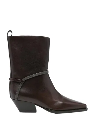 Brunello Cucinelli Leather Square-toe Block-heel Ankle Boot In Brown