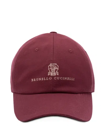 Brunello Cucinelli Leather-strap Cotton Cap In Burgundy