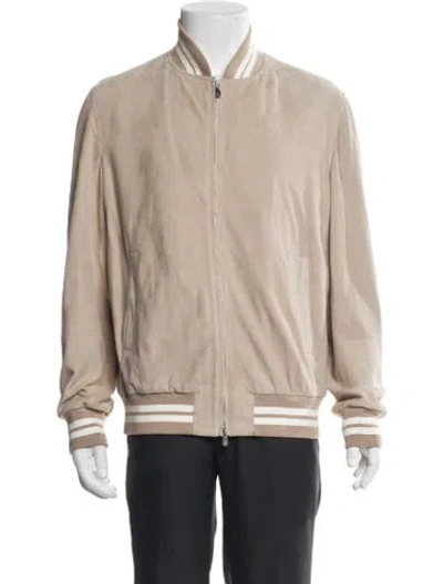 Pre-owned Brunello Cucinelli Leather Striped Bomber Jacket In Brown