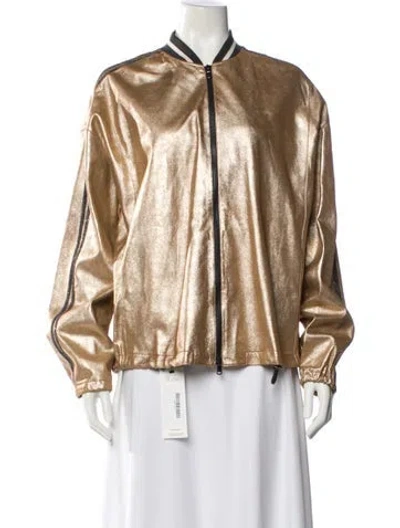 Pre-owned Brunello Cucinelli Leather Striped Bomber Jacket W/ Tags In Neutral