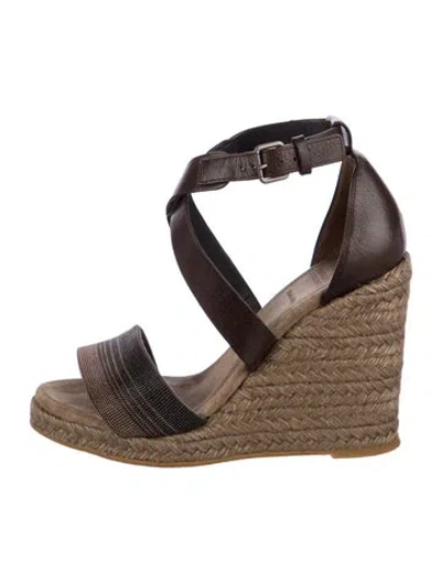 Pre-owned Brunello Cucinelli Leather Striped Espadrilles In Brown