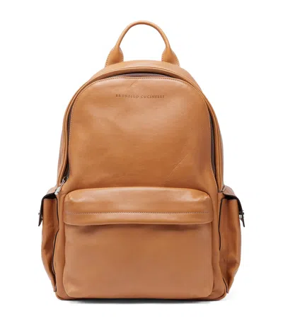 Brunello Cucinelli Leather Travel Backpack In Sand