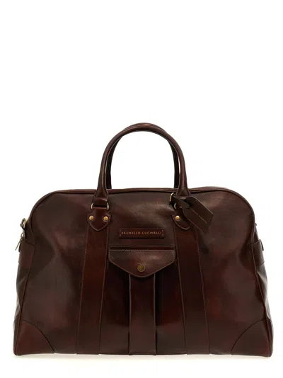 Brunello Cucinelli Leather Travel Bag In Dark Brown