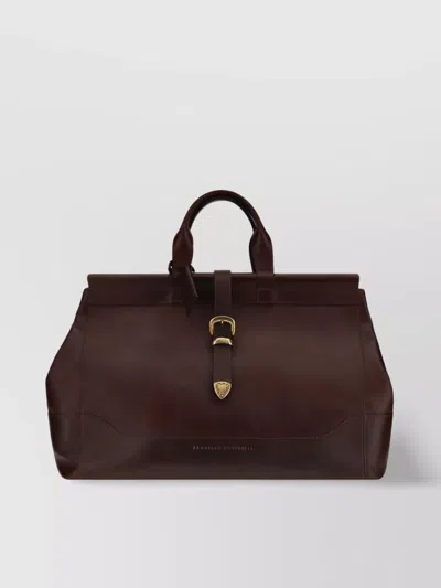 Brunello Cucinelli Leather Travel Bag With Adjustable Buckle Detail In Purple