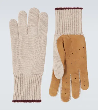 Brunello Cucinelli Leather-trimmed Cashmere Gloves In Sand