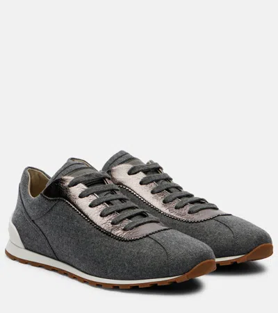 Brunello Cucinelli Leather-trimmed Felt Sneakers In Gray