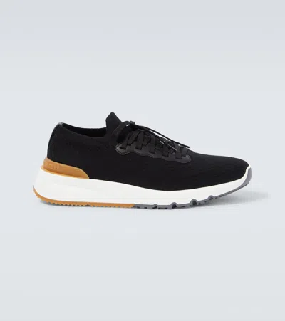 Brunello Cucinelli Leather-trimmed Knit Trainers In Black