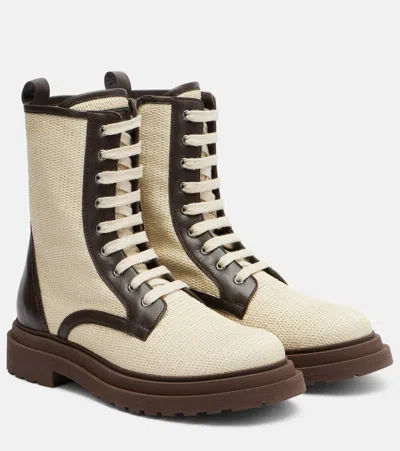 Brunello Cucinelli Lace-up Leather And Canvas Boots In Neutral