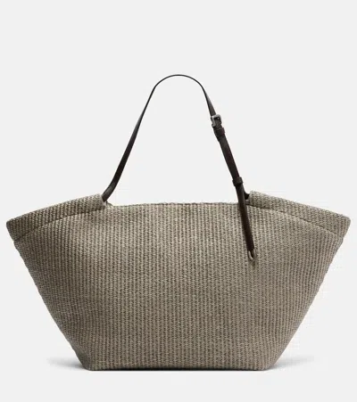 Brunello Cucinelli Leather-trimmed Raffia Tote Bag In Gray