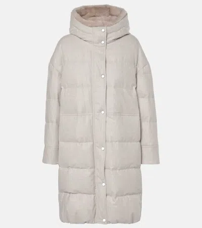 Brunello Cucinelli Leather-trimmed Wool Down Coat In Grey