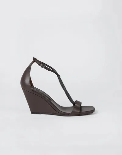 Brunello Cucinelli Leather T-strap Wedge Sandal In White