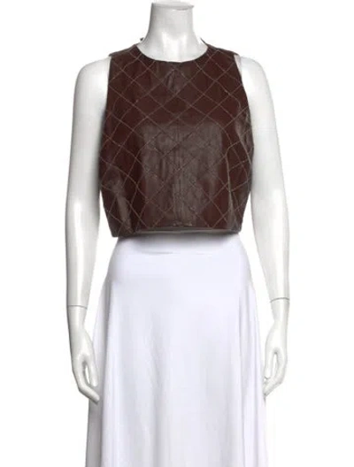 Pre-owned Brunello Cucinelli Leather Tweed Pattern Crop Top In Brown