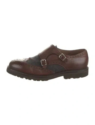 Pre-owned Brunello Cucinelli Leather Tweed Pattern Loafers In Burgundy