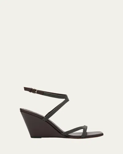BRUNELLO CUCINELLI LEATHER TWO CROSS STRAP WEDGE SANDALS