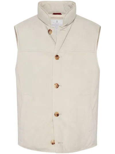 Brunello Cucinelli Padded Leather Vest In Natural