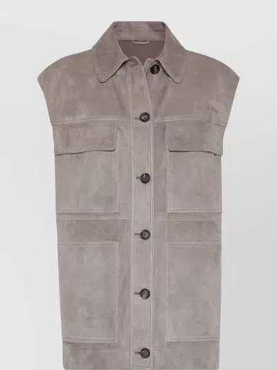 BRUNELLO CUCINELLI LEATHER VEST WITH COLLAR AND FRONT POCKETS