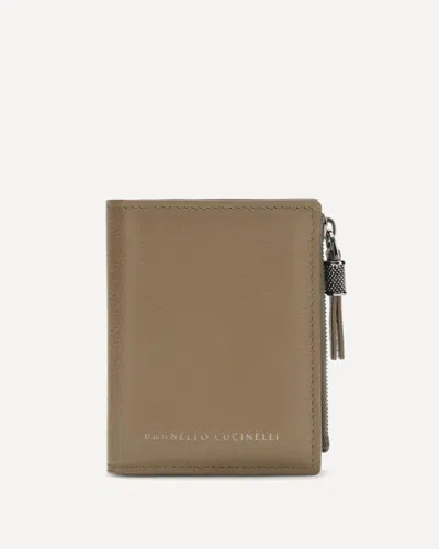 Brunello Cucinelli Leather Wallet With Grain And Shiny Zipper Pull In Sand