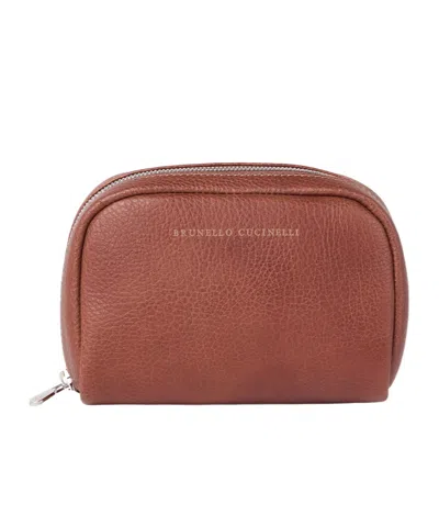 Brunello Cucinelli Leather Wash Bag In Brown