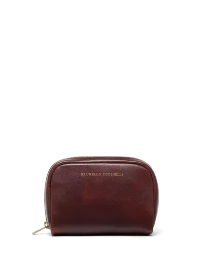 Brunello Cucinelli Leather Wash Bag In Brown