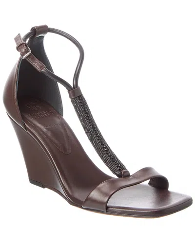Brunello Cucinelli Leather Wedge Sandal In Brown
