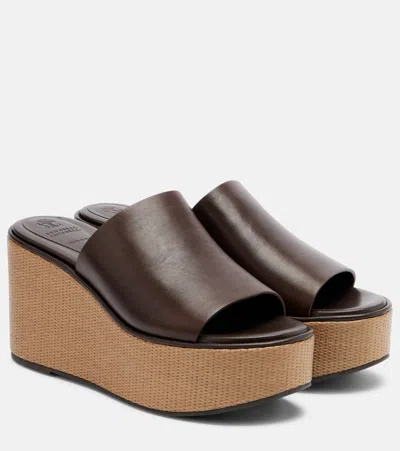 Brunello Cucinelli Women Leather And Raffia Wedges In Brown