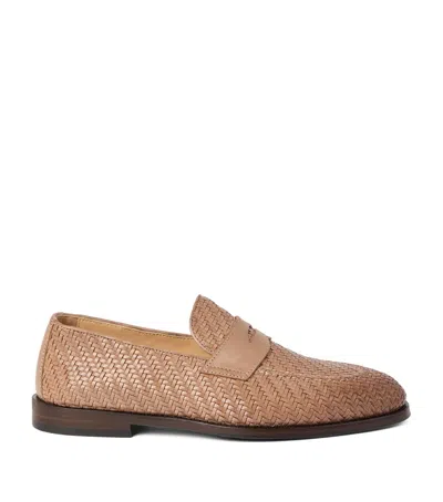 Brunello Cucinelli Leather Woven Loafers In Beige