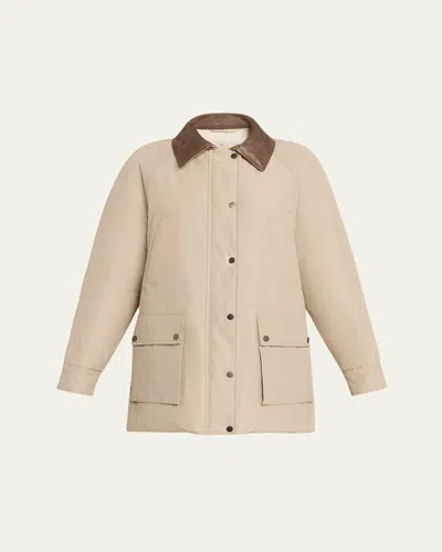 Brunello Cucinelli Leather-collar Padded Cotton Techno Car Coat In Neutral