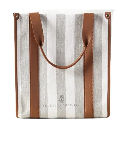 Brunello Cucinelli Leather-trim Striped Tote Bag In Multi