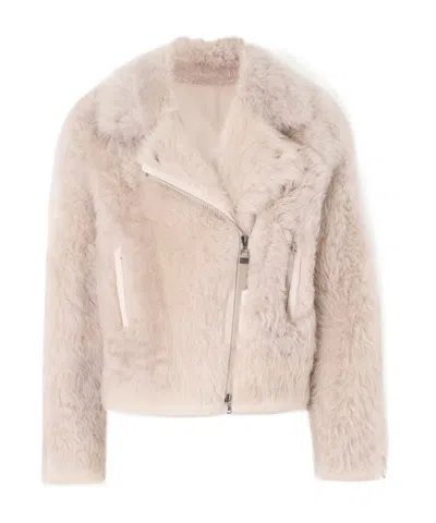 Brunello Cucinelli Leather-trimmed Shearling Jacket In Neutral