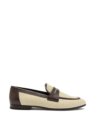 Brunello Cucinelli Micro Raffia And Leather Penny Loafers In Neutral