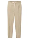 Brunello Cucinelli Men Leisure Fit Trousers In Linen And Cotton Gabardine With Drawstring And Double In Beige