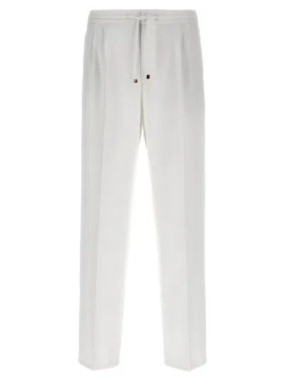 Brunello Cucinelli Leisure Fit Cotton Gabardine Trousers With Drawstring And Double Darts In White