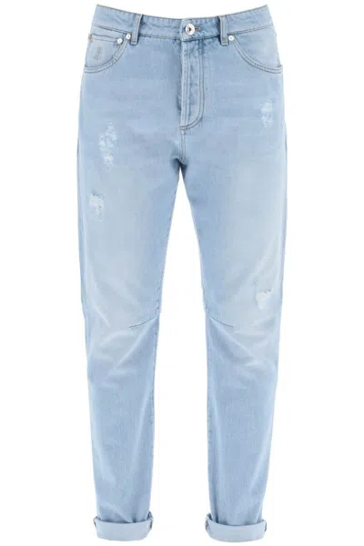 Brunello Cucinelli Leisure Fit Jeans With Tapered Cut In Denim Chiarissimo Old (light Blue)