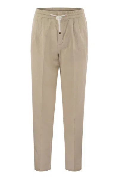 Brunello Cucinelli Leisure Fit Trousers In Linen And Cotton Gabardine In Beige