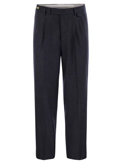 Brunello Cucinelli Leisure Fit Trousers In Virgin Wool Flannel With Double Darts In Night Blue