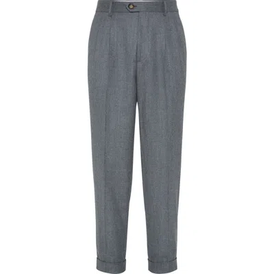 Brunello Cucinelli Leisure Fit Trousers With Double Pleats In Gray