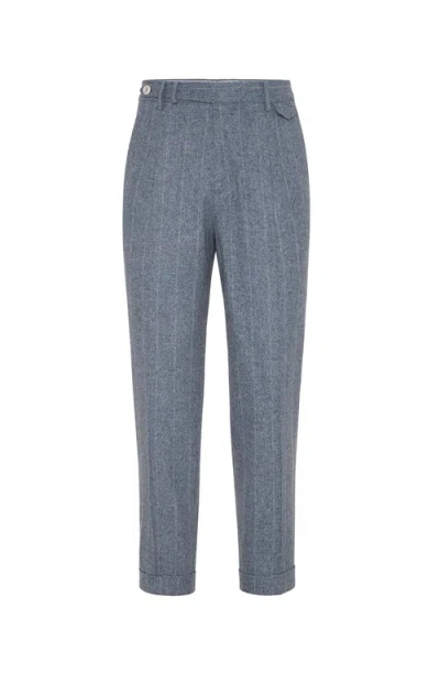 Brunello Cucinelli Wool-blend Chalk Stripe Trousers In Azure
