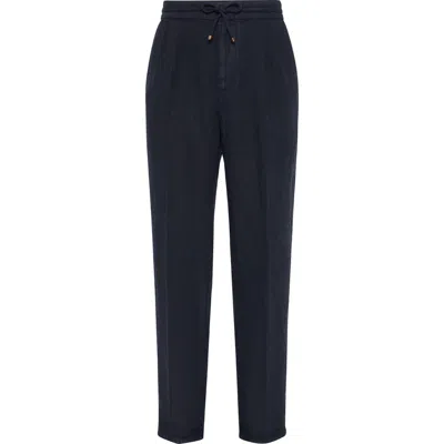 Brunello Cucinelli Men Leisure Fit Blue Comfort Linen Canvas Trousers