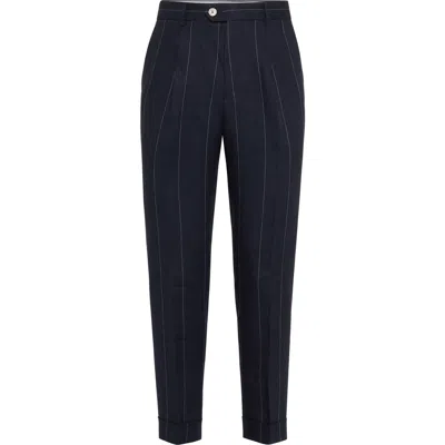Brunello Cucinelli Leisure Fit Trousers With Pleats In Navy Blue