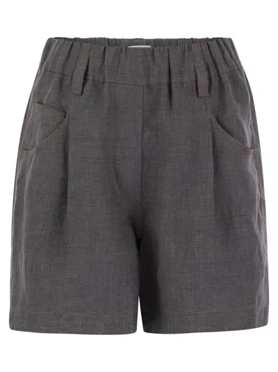 Brunello Cucinelli Pleated Linen Shorts In Grey