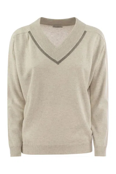 Brunello Cucinelli Women's Cashmere Sweater With Shiny Neckline In Beige