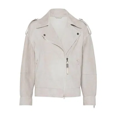 Brunello Cucinelli Light Beige Leather Biker Jacket In Metallic