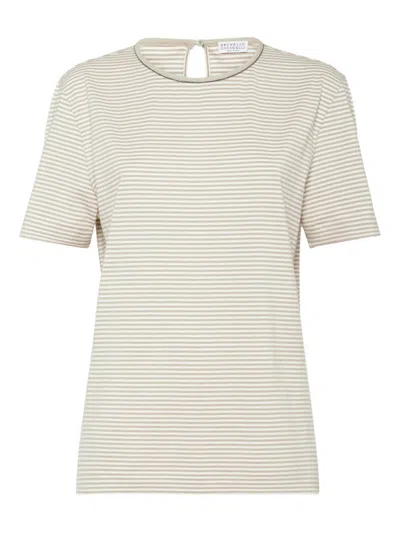 BRUNELLO CUCINELLI LIGHT BEIGE STRIPED T-SHIRT