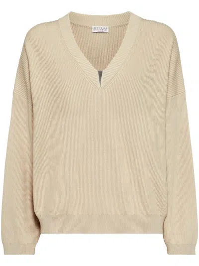 Brunello Cucinelli Light Beige Sweater With Ribbed Details In Neutral