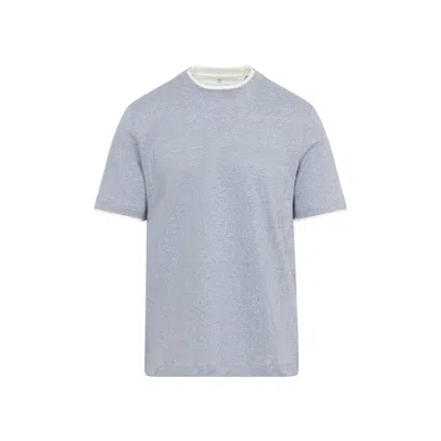 Brunello Cucinelli Light Blue Bicolor Cotton T-shirt